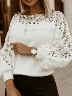 Outlet Women's Pullover Sweater Jumper Casual Solid Color Floral Crochet Crew Neck Lace Trims Long Sleeve Cropped Knit Daily Holiday Fall Winter Women Pullovers & Tops