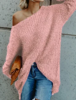 Discount Women's Pullover Sweater Jumper Stylish Casual Soft Solid Color Ribbed One Shoulder Cold Shoulder Long Sleeve Short Knit Daily Going out Weekend Pink Navy Blue Fall Winter Women Pullovers & Tops