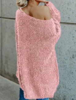 Discount Women's Pullover Sweater Jumper Stylish Casual Soft Solid Color Ribbed One Shoulder Cold Shoulder Long Sleeve Short Knit Daily Going out Weekend Pink Navy Blue Fall Winter Women Pullovers & Tops