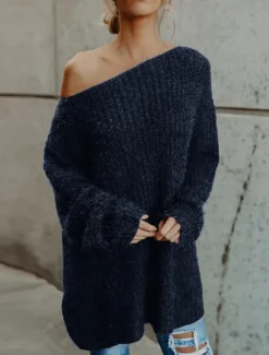 Discount Women's Pullover Sweater Jumper Stylish Casual Soft Solid Color Ribbed One Shoulder Cold Shoulder Long Sleeve Short Knit Daily Going out Weekend Pink Navy Blue Fall Winter Women Pullovers & Tops