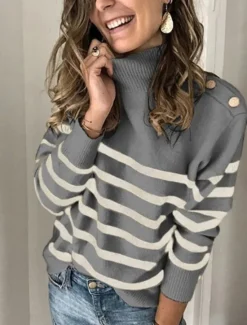 Sale Women's Pullover Sweater Jumper Basic Casual Striped Turtleneck Buttons Long Sleeve Knit Daily Going out Black Khaki Fall Winter Women Pullovers & Tops