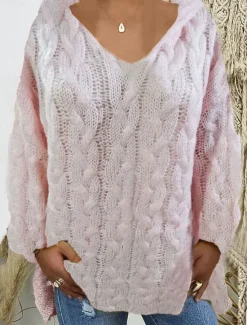 New Women's Pullover Sweater Jumper Hooded Cable Knit Oversized Fall Winter Daily Going out Weekend Stylish Casual Soft Long Sleeve Solid Color Black Pink Women Pullovers & Tops
