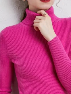 Best Women's Pullover Sweater Jumper Stylish Casual Soft Solid Color Ribbed Turtleneck Oversized Long Sleeve Knit Daily Holiday Going out Rust Red Pink purple Fall Winter Women Pullovers & Tops