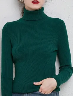 Best Women's Pullover Sweater Jumper Stylish Casual Soft Solid Color Ribbed Turtleneck Oversized Long Sleeve Knit Daily Holiday Going out Rust Red Pink purple Fall Winter Women Pullovers & Tops