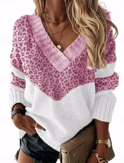 Outlet Women's Pullover Sweater Jumper Stylish Casual Soft Leopard Color Block Ribbed V Neck Patchwork Long Sleeve Regular Tops Knit Daily Going out Weekend Pink Blue Fall Winter Women Pullovers & Tops