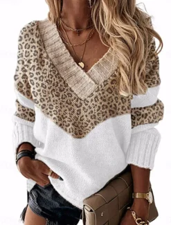 Outlet Women's Pullover Sweater Jumper Stylish Casual Soft Leopard Color Block Ribbed V Neck Patchwork Long Sleeve Regular Tops Knit Daily Going out Weekend Pink Blue Fall Winter Women Pullovers & Tops
