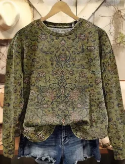 Clearance Women's Pullover Sweatshirt Graphic Paisley Warm Vintage Western Long Sleeve Crew Neck Regular Tops Street Dailywear Casual Print Pink Red Blue Fuchsia Green Spring Fall Winter Women Hoodies & Sweatshirts