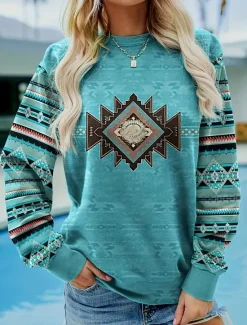Sale Women's Pullover Sweatshirt Hoodies Graphic Geometric Tribal Fashion Casual Long Sleeve Crew Neck Round Neck Regular Tops Street Dailywear Print Pink Blue Purple Spring Fall Winter Women Hoodies & Sweatshirts