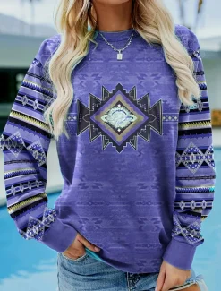 Sale Women's Pullover Sweatshirt Hoodies Graphic Geometric Tribal Fashion Casual Long Sleeve Crew Neck Round Neck Regular Tops Street Dailywear Print Pink Blue Purple Spring Fall Winter Women Hoodies & Sweatshirts