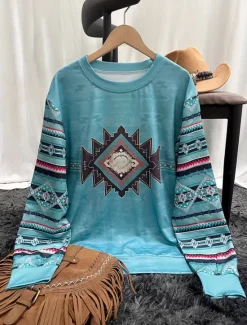 Sale Women's Pullover Sweatshirt Hoodies Graphic Geometric Tribal Fashion Casual Long Sleeve Crew Neck Round Neck Regular Tops Street Dailywear Print Pink Blue Purple Spring Fall Winter Women Hoodies & Sweatshirts
