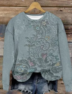Best Women's Pullover Sweatshirt Floral Warm Vintage Western Long Sleeve Crew Neck Regular Tops Home Street Dailywear Print White Dark Pink Blue Green Gray Summer Spring Fall Winter Women Hoodies & Sweatshirts|Women's Tops