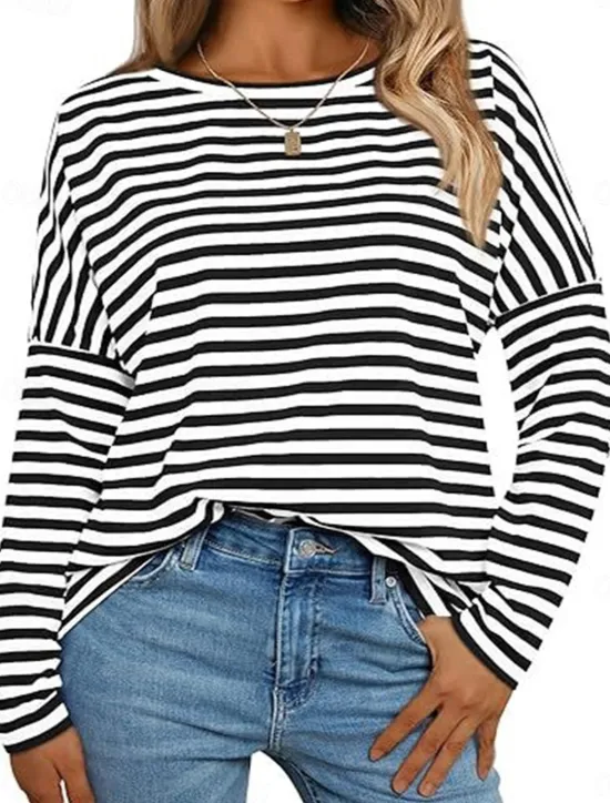 Sale Women's Pullover Sweatshirt Hoodies Striped Fashion Streetwear Casual Long Sleeve Crew Neck Regular Tops Street Dailywear Print Black Blue Spring Fall Women Hoodies & Sweatshirts