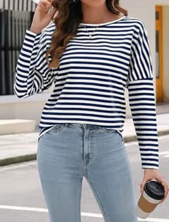 Sale Women's Pullover Sweatshirt Hoodies Striped Fashion Streetwear Casual Long Sleeve Crew Neck Regular Tops Street Dailywear Print Black Blue Spring Fall Women Hoodies & Sweatshirts