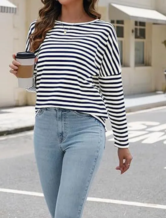 Sale Women's Pullover Sweatshirt Hoodies Striped Fashion Streetwear Casual Long Sleeve Crew Neck Regular Tops Street Dailywear Print Black Blue Spring Fall Women Hoodies & Sweatshirts