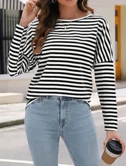 Sale Women's Pullover Sweatshirt Hoodies Striped Fashion Streetwear Casual Long Sleeve Crew Neck Regular Tops Street Dailywear Print Black Blue Spring Fall Women Hoodies & Sweatshirts