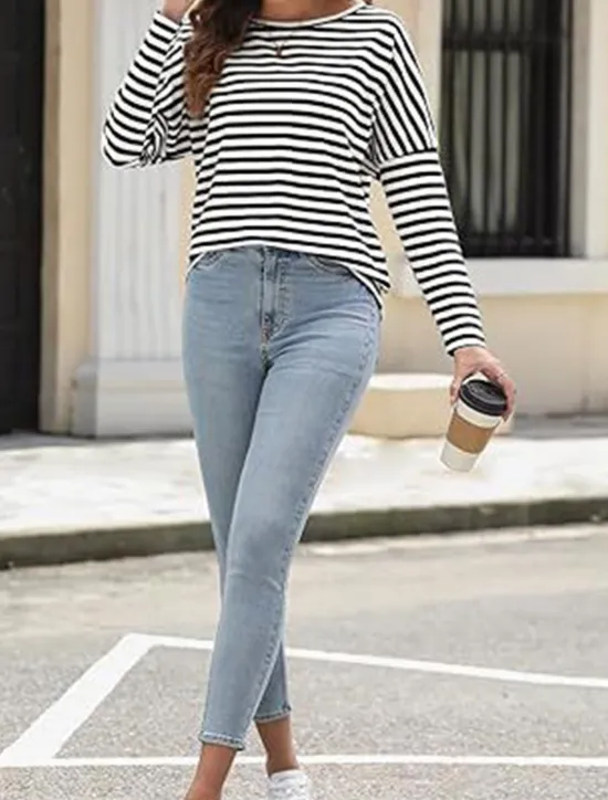 Sale Women's Pullover Sweatshirt Hoodies Striped Fashion Streetwear Casual Long Sleeve Crew Neck Regular Tops Street Dailywear Print Black Blue Spring Fall Women Hoodies & Sweatshirts