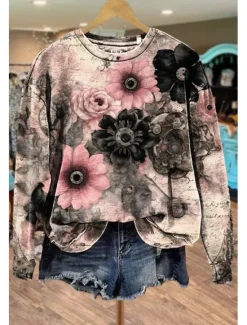 Sale Women's Pullover Sweatshirt Floral Graphic Warm Active Vintage Long Sleeve Crew Neck Regular Tops Street Dailywear Casual Print Black Pink Blue Green Spring Fall Winter Women Hoodies & Sweatshirts