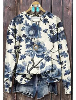 Sale Women's Pullover Sweatshirt Floral Graphic Warm Active Vintage Long Sleeve Crew Neck Regular Tops Street Dailywear Casual Print Black Pink Blue Green Spring Fall Winter Women Hoodies & Sweatshirts