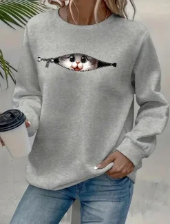 Sale Women's Pullover Sweatshirt Graphic Animal Cat Warm Active Vintage Long Sleeve Crew Neck Regular Tops Street Dailywear Casual Patchwork Print Black Red Blue Light Grey Spring Fall Winter Women Hoodies & Sweatshirts