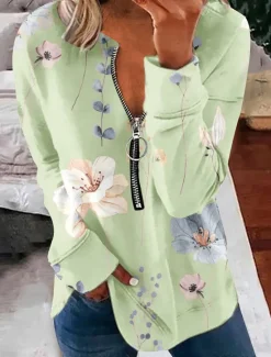 Best Women's Pullover Sweatshirt Zip Up Sweatshirts Floral Graphic Fashion Casual Long Sleeve Crew Neck Regular Tops Street Dailywear Zipper Print Black White Light Green Light Blue Spring Fall Winter Women Hoodies & Sweatshirts