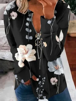 Best Women's Pullover Sweatshirt Zip Up Sweatshirts Floral Graphic Fashion Casual Long Sleeve Crew Neck Regular Tops Street Dailywear Zipper Print Black White Light Green Light Blue Spring Fall Winter Women Hoodies & Sweatshirts