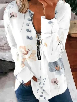 Best Women's Pullover Sweatshirt Zip Up Sweatshirts Floral Graphic Fashion Casual Long Sleeve Crew Neck Regular Tops Street Dailywear Zipper Print Black White Light Green Light Blue Spring Fall Winter Women Hoodies & Sweatshirts