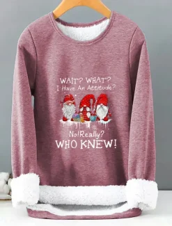 Women's Pullover Sweatshirt Sherpa Fleece Lined Letter Gnome Warm Fuzzy Black Blue Casual Sports Round Neck Long Sleeve Top Micro-elastic Fall & Winter Comfrt Breathable Soft Fabric Women Hoodies & Sweatshirts