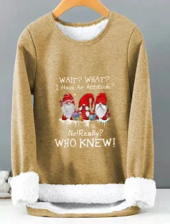 Women's Pullover Sweatshirt Sherpa Fleece Lined Letter Gnome Warm Fuzzy Black Blue Casual Sports Round Neck Long Sleeve Top Micro-elastic Fall & Winter Comfrt Breathable Soft Fabric Women Hoodies & Sweatshirts