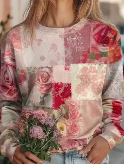 Discount Women's Pullover Sweatshirt Floral Boho Vintage Graphic Warm Active Vintage Long Sleeve Crew Neck Round Neck Regular Tops Street Dailywear Casual Patchwork Print Spring Fall Winter Women Hoodies & Sweatshirts