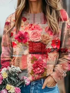Outlet Women's Pullover Sweatshirt Floral Boho Vight Graphic Warm Active Vintage Long Sleeve Crew Neck Round Neck Regular Tops Street Dailywear Casual Patchwork Print Spring Fall Winter Women Hoodies & Sweatshirts