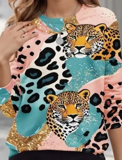Discount Women's Pullover Sweatshirts Animal Leopard Active Cute Classic Long Sleeve Crew Neck Round Neck Regular Tops Home Work Dailywear Print Summer Spring Fall Spring, Fall, Winter, Summer Women Women's Tops|Hoodies & Sweatshirts