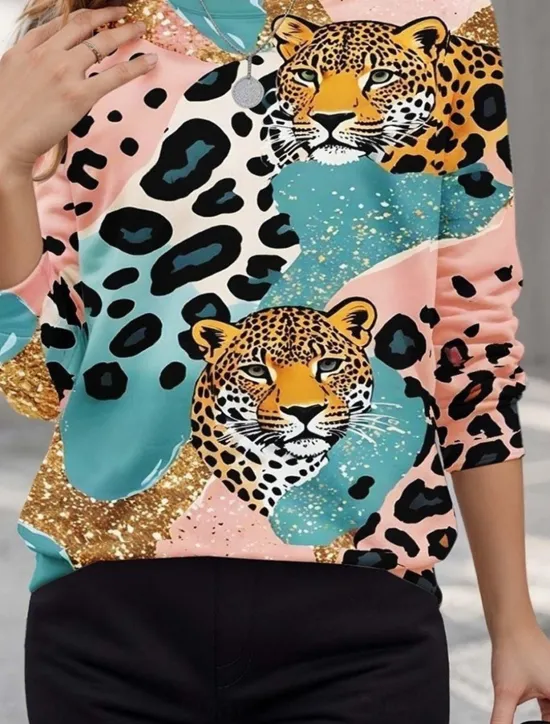 Discount Women's Pullover Sweatshirts Animal Leopard Active Cute Classic Long Sleeve Crew Neck Round Neck Regular Tops Home Work Dailywear Print Summer Spring Fall Spring, Fall, Winter, Summer Women Women's Tops|Hoodies & Sweatshirts