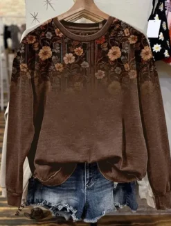 Clearance Women's Pullover Sweatshirt Floral Graphic Warm Vintage Fashion Long Sleeve Crew Neck Regular Tops Street Dailywear Casual Print Red Blue Fuchsia Brown Green Spring Fall Winter Women Hoodies & Sweatshirts