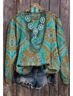 New Women's Pullover Sweatshirt Floral Graphic Geometric Warm Fashion Western Long Sleeve Crew Neck Regular Tops Street Dailywear Casual Print Black Blue Fuchsia Orange Green Spring Fall Winter Women Hoodies & Sweatshirts