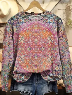 New Women's Pullover Sweatshirt Floral Graphic Geometric Warm Fashion Western Long Sleeve Crew Neck Regular Tops Street Dailywear Casual Print Black Blue Fuchsia Orange Green Spring Fall Winter Women Hoodies & Sweatshirts