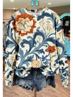 New Women's Pullover Sweatshirt Floral Graphic Geometric Warm Fashion Western Long Sleeve Crew Neck Regular Tops Street Dailywear Casual Print Black Blue Fuchsia Orange Green Spring Fall Winter Women Hoodies & Sweatshirts