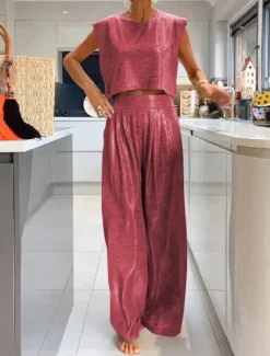 Hot Women's Punk Stylish Tank Top Wide Leg Pants Short Sleeve Crew Neck Plain Holiday Weekend Black Purple Fuchsia Summer Regular Fit Women Two Piece Sets