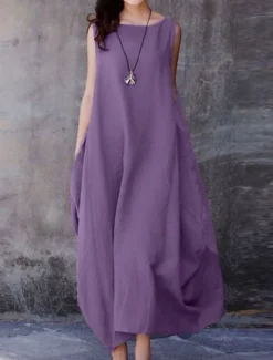 Women's Purple Brown Dark Blue Summer Spring Maxi Dress Cotton Linen Dresses Casual Dress Cotton Linen Dress Basic Casual Mature Outdoor Vacation Daily Loose Fit Pure Color Boat Neck Women Dresses