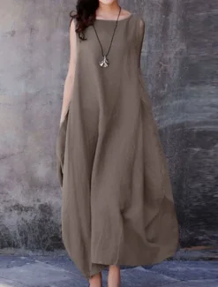 Women's Purple Brown Dark Blue Summer Spring Maxi Dress Cotton Linen Dresses Casual Dress Cotton Linen Dress Basic Casual Mature Outdoor Vacation Daily Loose Fit Pure Color Boat Neck Women Dresses
