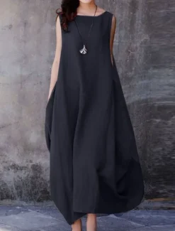 Women's Purple Brown Dark Blue Summer Spring Maxi Dress Cotton Linen Dresses Casual Dress Cotton Linen Dress Basic Casual Mature Outdoor Vacation Daily Loose Fit Pure Color Boat Neck Women Dresses