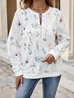 Sale Women's Quarter Zipper Sweater Floral Street Dailywear Print Casual Crew Neck Long Sleeve Micro-elastic Fall Winter Comfrt Breathable Soft Fabric Women Hoodies & Sweatshirts