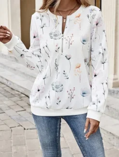 Sale Women's Quarter Zipper Sweater Floral Street Dailywear Print Casual Crew Neck Long Sleeve Micro-elastic Fall Winter Comfrt Breathable Soft Fabric Women Hoodies & Sweatshirts