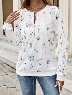 Sale Women's Quarter Zipper Sweater Floral Street Dailywear Print Casual Crew Neck Long Sleeve Micro-elastic Fall Winter Comfrt Breathable Soft Fabric Women Hoodies & Sweatshirts