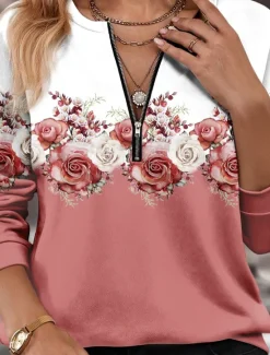 Women's Quarter Zipper Sweater Pullover Floral Casual Holiday Quarter Active Sportswear Half Long Sleeve Top Micro-elastic Fall & Winter Comfrt Breathable Soft Fabric Women Hoodies & Sweatshirts