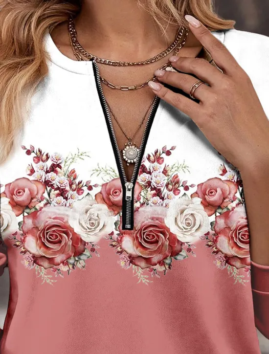 Women's Quarter Zipper Sweater Pullover Floral Casual Holiday Quarter Active Sportswear Half Long Sleeve Top Micro-elastic Fall & Winter Comfrt Breathable Soft Fabric Women Hoodies & Sweatshirts
