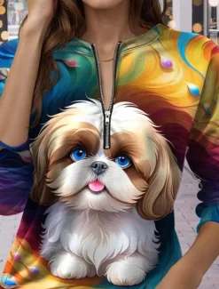 New Women's Quarter Zipper Sweater Dog Casual Long Sleeve Crew Neck Regular Tops Street Dailywear Print Fall Winter Women Hoodies & Sweatshirts