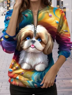 New Women's Quarter Zipper Sweater Dog Casual Long Sleeve Crew Neck Regular Tops Street Dailywear Print Fall Winter Women Hoodies & Sweatshirts