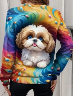 New Women's Quarter Zipper Sweater Dog Casual Long Sleeve Crew Neck Regular Tops Street Dailywear Print Fall Winter Women Hoodies & Sweatshirts