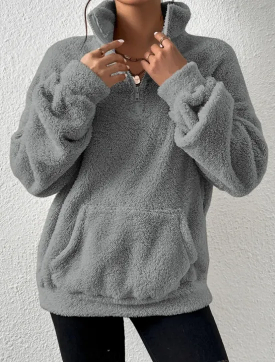 Best Women's Quarter Zipper Sweater Pullover Casual Soft Pure Color Fuzzy Stand Collar Pocket Long Sleeve Regular Tops Knit Outdoor Daily Weekend Black Apricot Fall Winter Women Hoodies & Sweatshirts