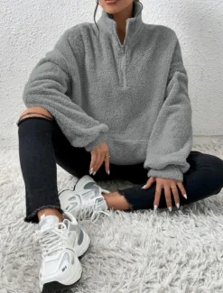 Best Women's Quarter Zipper Sweater Pullover Casual Soft Pure Color Fuzzy Stand Collar Pocket Long Sleeve Regular Tops Knit Outdoor Daily Weekend Black Apricot Fall Winter Women Hoodies & Sweatshirts